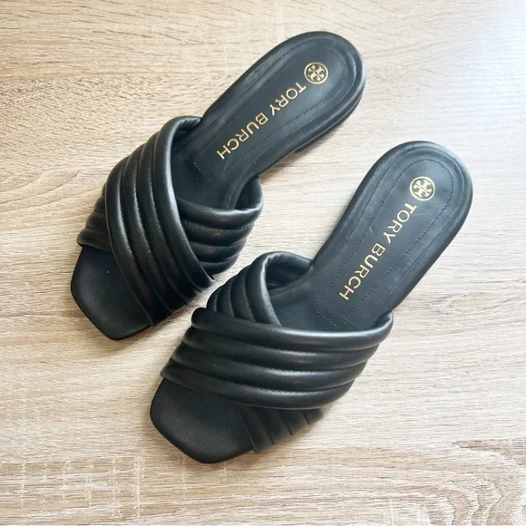 Tory Burch Kira Quilted Perfect Black Criss Cross Sandals Leather Flat Size 8 - Picture 5 of 8